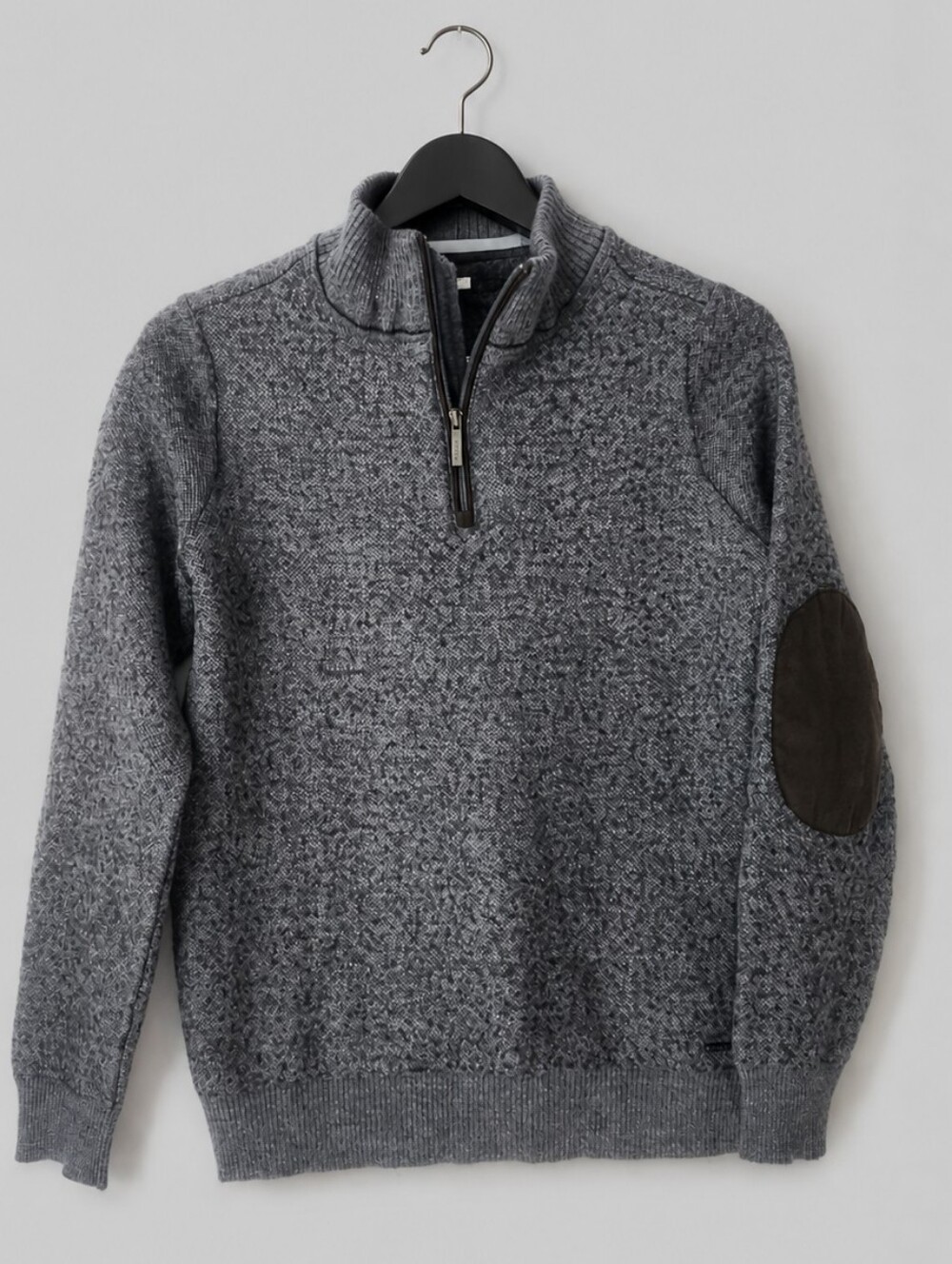 Bugatti Men's Melange Knit Quarter-Zip Pullover Sweater Suede Elbow Patches M
